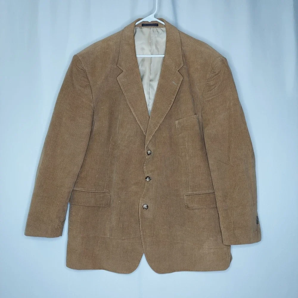 Vtg Corduroy Blazer Jacket Mens 48R Brown Cotton 3-Button‎ Collar Pocket Grandpa